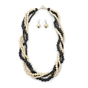 Odina African Jewelry Multi Strand Chunky Wood Beads Necklace | Black & White