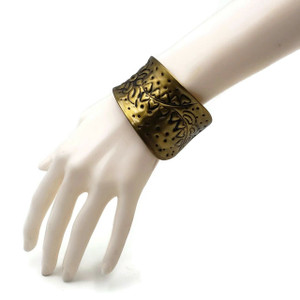 Rhoda Antique Gold Brass Cuff with Hammered Floral and Heart Design