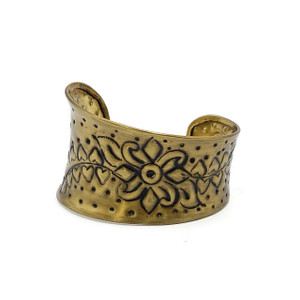 Rhoda Antique Gold Brass Cuff with Hammered Floral and Heart Design