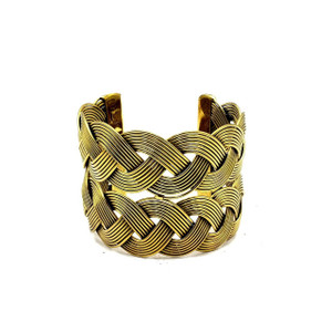 Tissa Ornate Gold Brass Cuff Bracelet in Ethnic Gauntlet and Gypsy Weave Braid Design