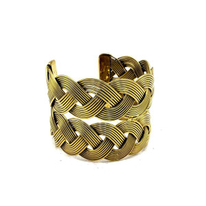 Tissa Ornate Gold Brass Cuff Bracelet in Ethnic Gauntlet and Gypsy Weave Braid Design