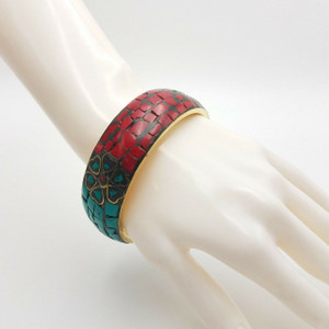 Tribal Red Coral Turquoise Chips Bangle Brass Bracelet Jewerly