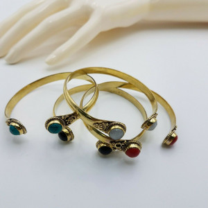 Turquoise Jasper Coral Cuff Bracelet Natural Stones Brass Set Of 4