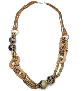 Juhu Wood Necklace with Pukka Shell Beads & Lacquered Coconut Multi Strand Leather