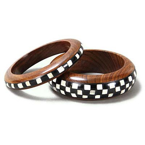 Jira Black & White Checkered Wood and Bone Inlay Bangle Set