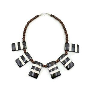 Resin and Wood Beads Striped Pendant Necklace