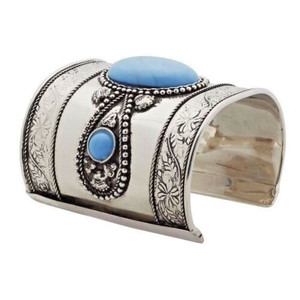 Ornate Brass Cuff with Blue Resin Cabochon