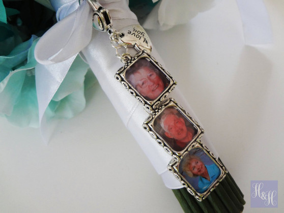 Triple Wedding Bouquet Photo Memory Charms w/ I love you charm