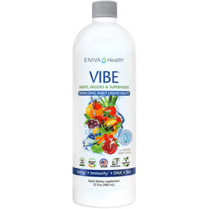 Eniva VIBE Fruit Sensation, a concentrated Liquid Multivitamin comes in a 32 oz bottle. Product ID # 27032 Eniva VIBE Fruit Sensation, a concentrated Liquid Multivitamin comes in a 32 oz bottle. Product ID # 27032