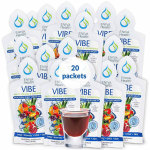 Eniva VIBE Fruit Sensation, 1 Box of 20 packets, concentrated liquid daily multivitamins, antioxidants, mineral, vitamins, amino acids, whole food supplement, Full Spectrum nutrition, DNA support, nature based nutraceutical, fast acting, bio-ready liquid design, full spectrum formula, specialized phytonutrients, lasting vibrant health, Cellular Defense Formula, aloe vera extracts, decaffeinated green tea EGCG catechin complex, increased magnesium, enhanced AntiOX Fruit and Vegetable Blend, increased Niacin (Vitamin B3), increased Natural Vitamin D, enhanced Green Tea Combination heart health, high-potency antioxidants, decaffeinated EGCG green tea complex, cellular defense formula, research studies supported, heart-healthy, D-Ribose, CoQ10, L-Carnitine, Malic Acid, Isolated Soly Lecithin, Mixed Tocopherols (family of Vitamin E compounds),* Product ID # 27030