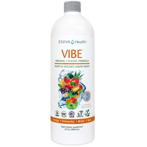 Eniva VIBE Original liquid daily multivitamin, 32 oz, Full Spectrum Nutrition, DNA Support, clinically studied, nature based nutraceutical, potent antioxidants, essential daily nourishment, daily multi vitamins, fast acting, bio-ready liquid design, concentrated antioxidants, minerals, vitamins, amino acids, fruits, vegetables,  specialized phytonutrient ingredients, healthy living, antioxidant strength, Four Specialized Nutritional Blends, SoluMAX Immune Health, AntiOX2 Healthy Aging, HeartPRO Cardiovascular, CollaMAX Cellular Health, Clinically Tested, Doctor Formulated, No Irradiation, No Pasteurization, Gluten Free, Vegetarian Friendly, No Fish Ingredients, Whole Body Nutrition, enhanced absorption, bioavailability of pharmaceutical food-grade natural nutrients, healthy function of human body, Product ID # 27006
