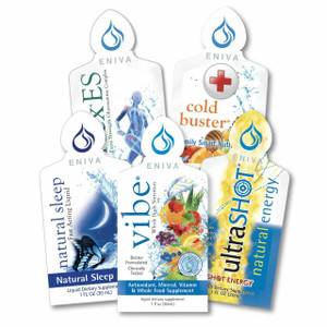 Eniva Mixed Sample Box (5 count) of convenient one-ounce packets, VIBE  Cellular Defense Formula, Heart health focused, high-potency antioxidants, UltraSHOT natural energy supplement, 4 power blends in one shot* Natural Sleep, Flex ES, Cold Buster Eniva Mixed Sample Box (5 count) of convenient one-ounce packets, VIBE  Cellular Defense Formula, Heart health focused, high-potency antioxidants, UltraSHOT natural energy supplement, 4 power blends in one shot* Natural Sleep, Flex ES, Cold Buster