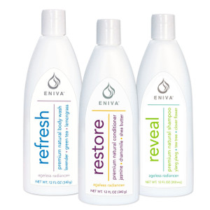 Eniva Salon Pack, REVEAL Premium Natural Shampoo, RESTORE Premium Natural Conditioner, REFRESH Premium Natural Body Wash,12 oz bottles, botanical extracts, reenergize skin and hair, natural premium shampoo,  pure natural extracts, nourishing oils, boost volume, restore moisture, exotic oils and extracts, nourish hair and scalp, silky, shiny, soft hair,* Product ID # 55023