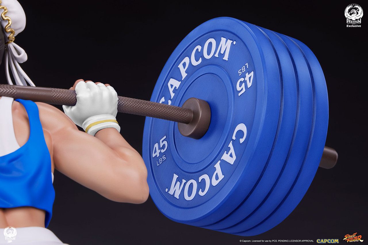 Chun-li lifting heavy weights from behind on Craiyon