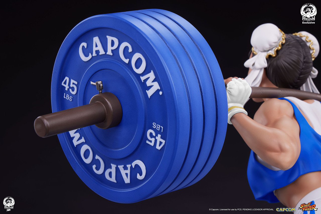 Chun-li lifting heavy weights from behind on Craiyon