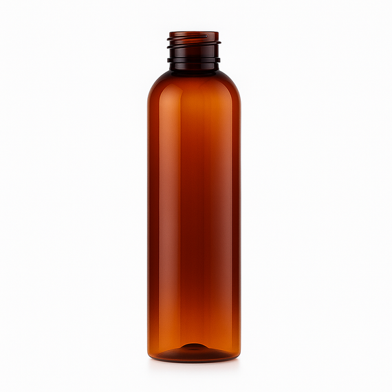 8 oz Amber PET Cosmo Round Bottle with Black Ribbed Cap