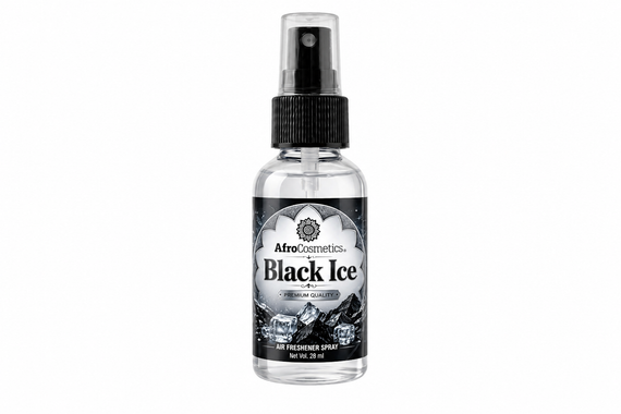 Black Ice Air Freshener Spray bottle featuring a bold crisp masculine fragrance designed to eliminate odors and create a cool, clean, and refreshing atmosphere in cars, homes, offices, bathrooms, and bedrooms.