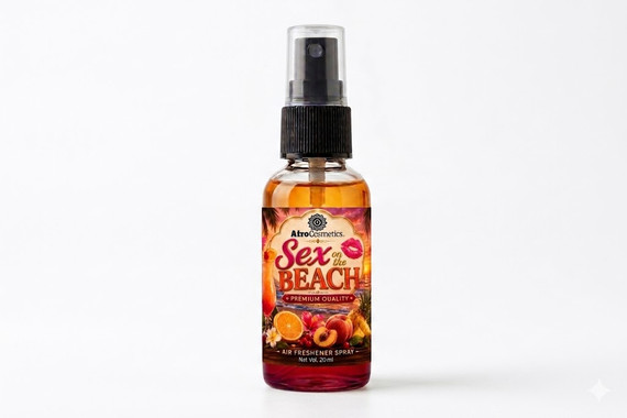 Sex on the Beach Air Freshener Spray bottle featuring a bold tropical fruity fragrance designed to eliminate odors and create a fun, vacation-inspired atmosphere in homes, cars, offices, bathrooms, and bedrooms.