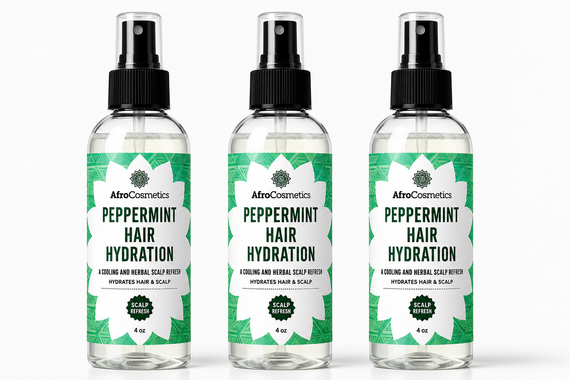 AfroCosmetics Peppermint Hair Hydration Spray bottle featuring a cooling peppermint scalp mist designed to hydrate dry hair and refresh braids, locs, twists, wigs, and natural protective styles.