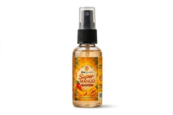 Super Mango Air Freshener Spray bottle featuring a bold tropical mango fragrance designed to eliminate odors and refresh homes, cars, offices, bathrooms, and living spaces.