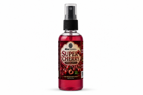 Super Cherry Air Freshener Spray bottle featuring a bold sweet cherry fragrance designed to eliminate odors in homes, cars, offices, bathrooms, and bedrooms. Compact 28 ml travel-size air freshener with a long-lasting fruity scent.