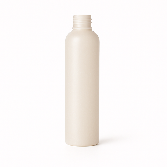 8 oz Natural PET Cosmo Round Bottle with Black Ribbed Cap