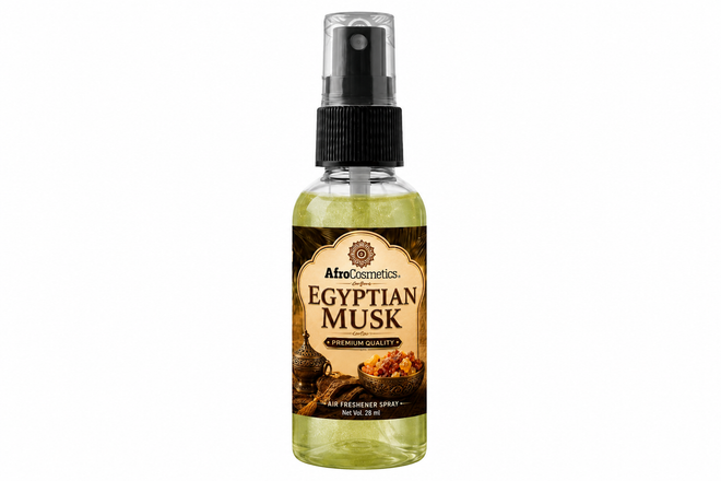 Egyptian Musk Air Freshener Spray bottle featuring a smooth exotic musk fragrance designed to eliminate odors and create a clean, calming, and luxurious atmosphere in homes, cars, offices, bathrooms, and bedrooms.