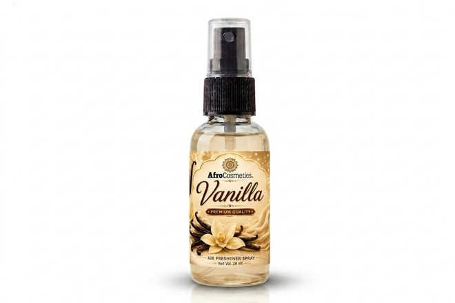Vanilla Air Freshener Spray bottle featuring a warm sweet vanilla fragrance designed to eliminate odors and create a cozy, relaxing atmosphere in homes, cars, offices, bathrooms, and bedrooms.
