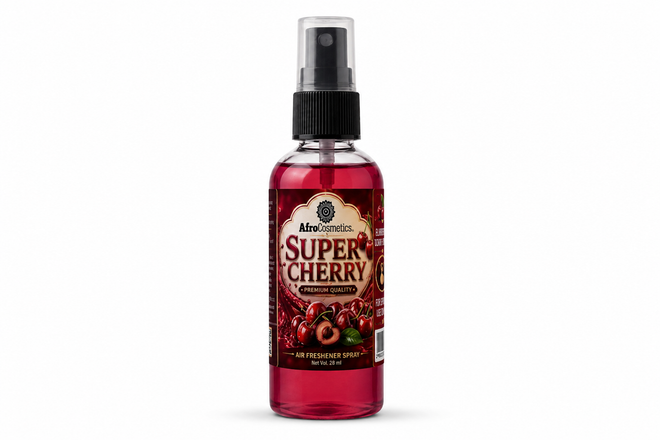 Super Cherry Air Freshener Spray bottle featuring a bold sweet cherry fragrance designed to eliminate odors in homes, cars, offices, bathrooms, and bedrooms. Compact 28 ml travel-size air freshener with a long-lasting fruity scent.