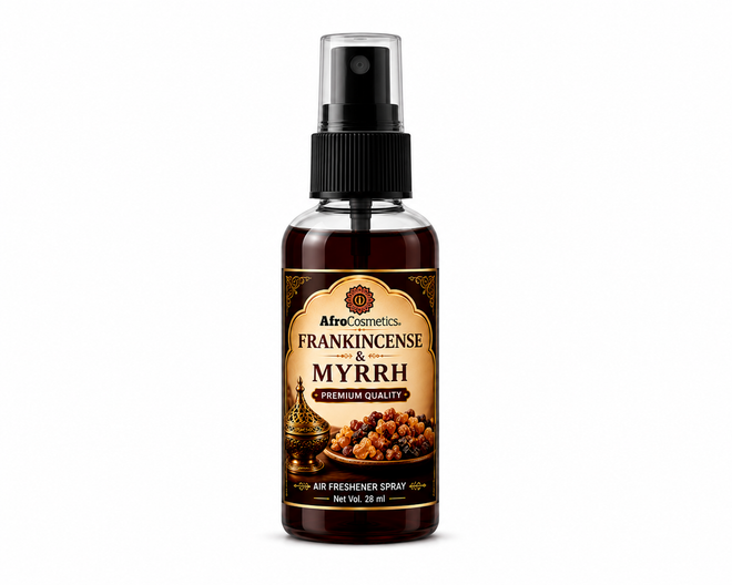 Frankincense & Myrrh Air Freshener Spray bottle featuring a premium warm resin fragrance for odor elimination in homes, cars, offices, bathrooms, bedrooms, and living spaces. Compact 28 ml travel-size room and car freshener with luxurious earthy scent notes.
