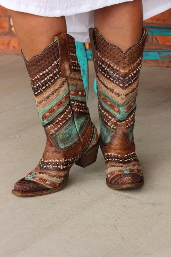 Corral Turquoise Brown Embroidery and Studs A3381 Boots