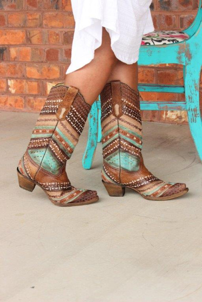 Corral Turquoise Brown Embroidery and Studs A3381 Boots