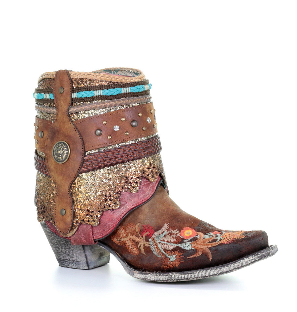 Corral Distressed Brown Floral Embroidery Flipped Shaft Ankle Boot A3687