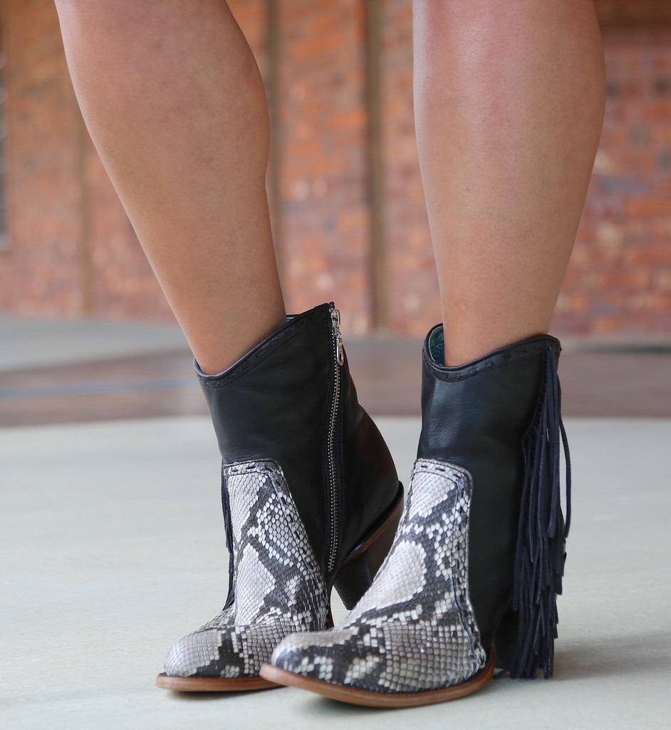 Corral Black Natural Python Fringe Ankle Boot C2909