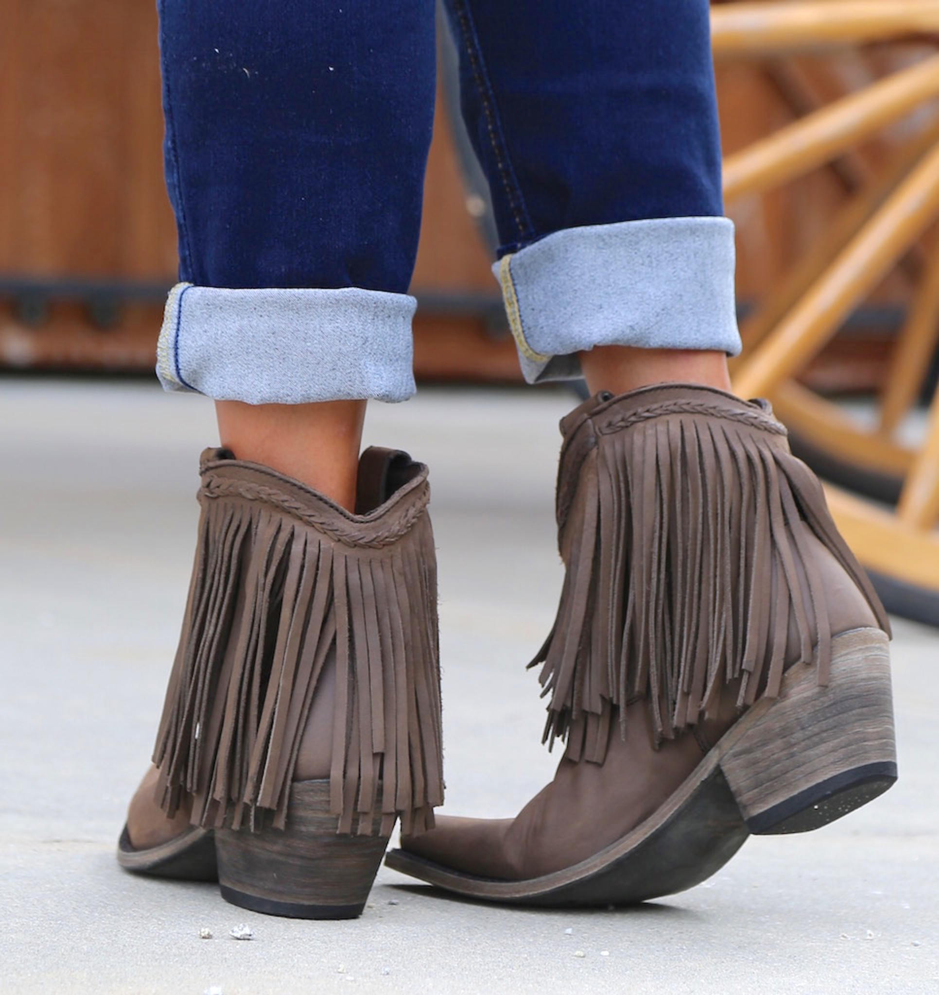 grey fringe boots