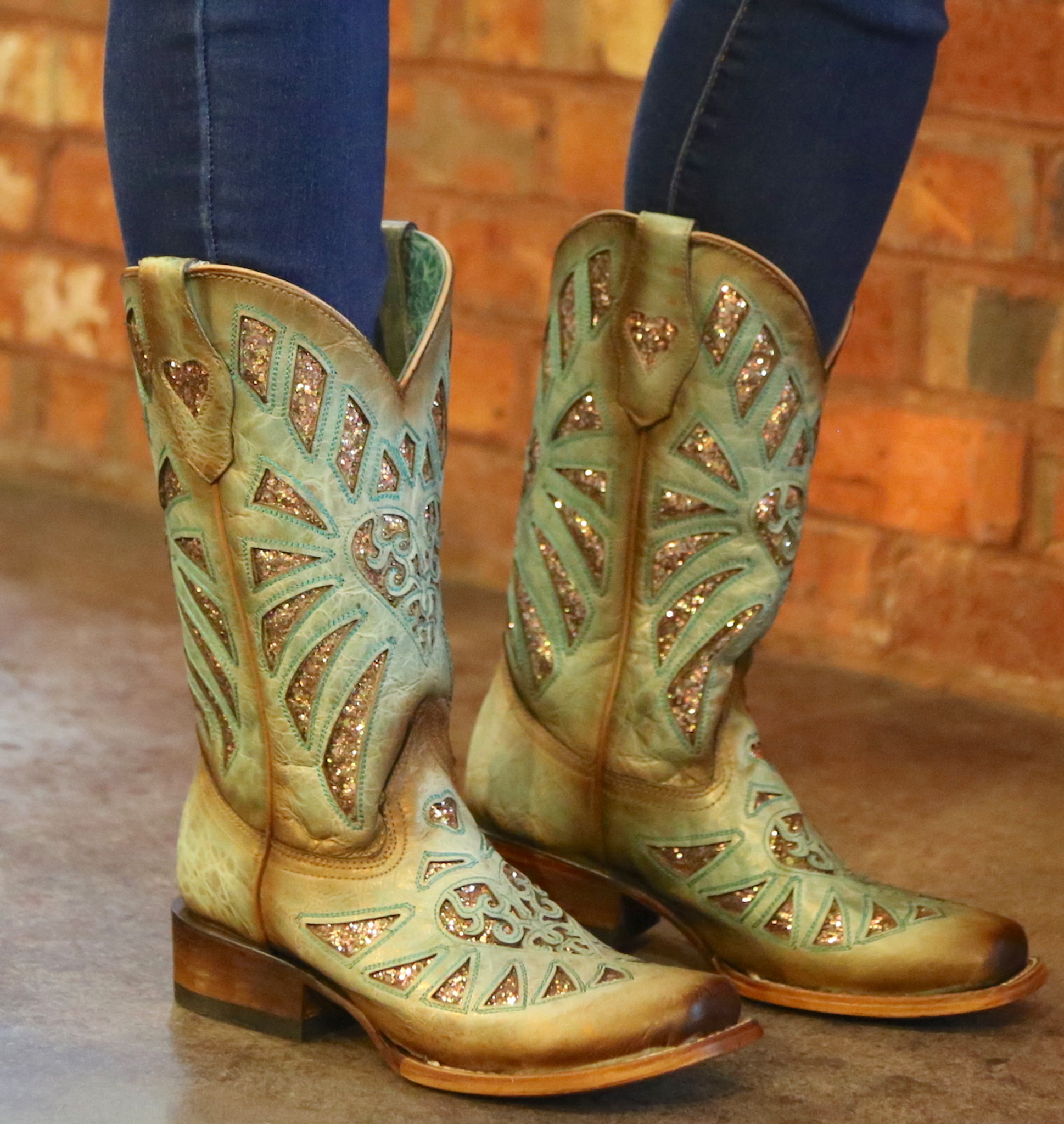Corral Mint Glittered Inlay and Studs Square Toe C3262 Boots