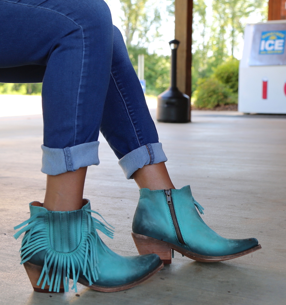 teal fringe booties