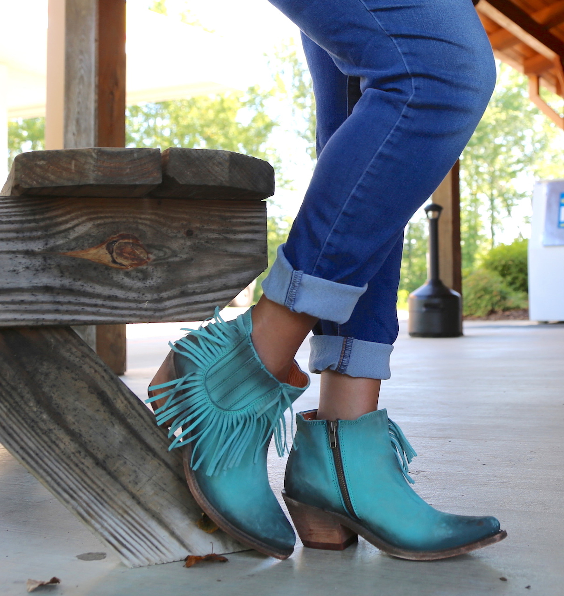 teal fringe booties