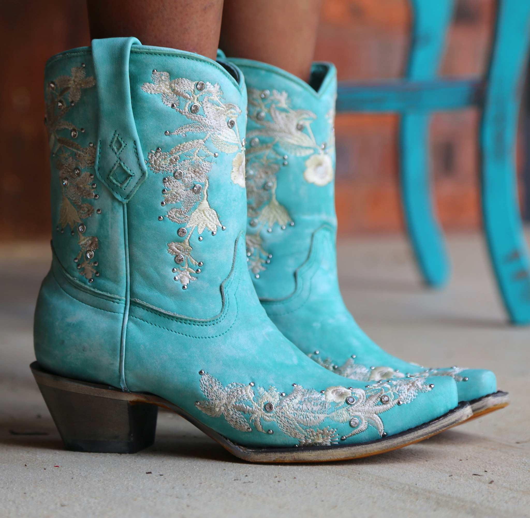 Corral Turquoise Floral Embroidery Studs Crystals Ankle Boot A4316