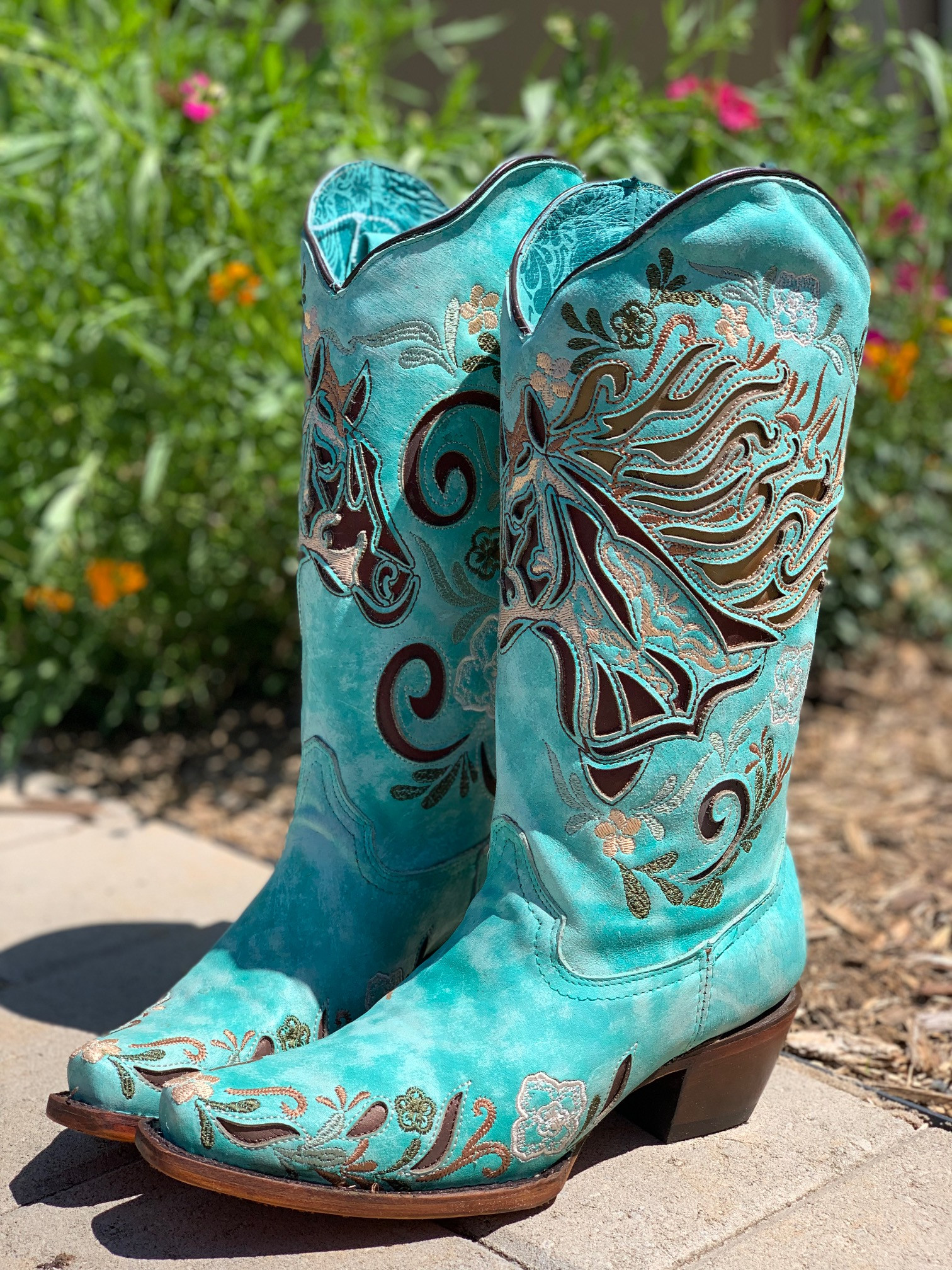 Corral Aqua Horse Inlay Embroidery Iridescent A4372