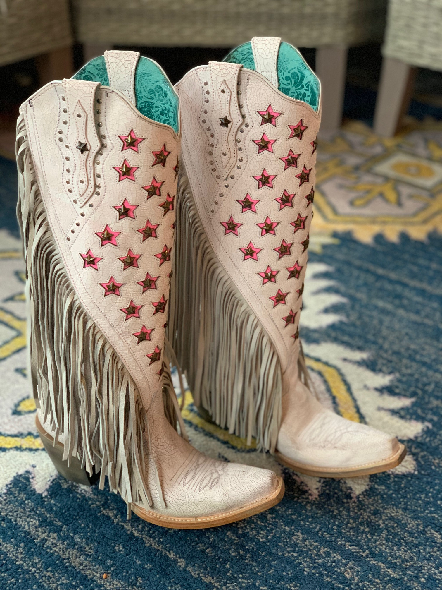 Corral White Pink Stars Inlay Embroidery Studs Fringe Tall Top