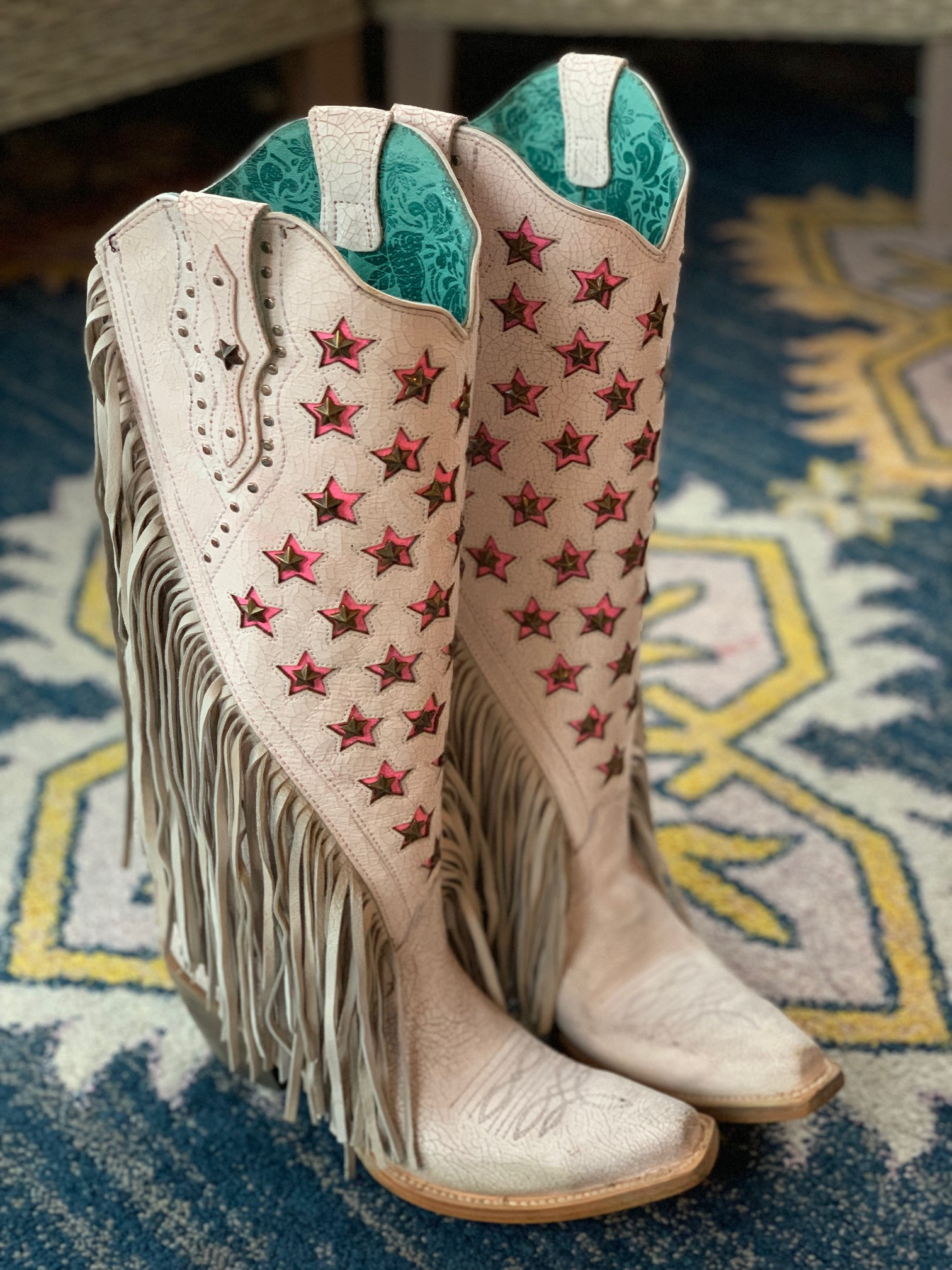 Corral White Pink Stars Inlay Embroidery Studs Fringe Tall Top