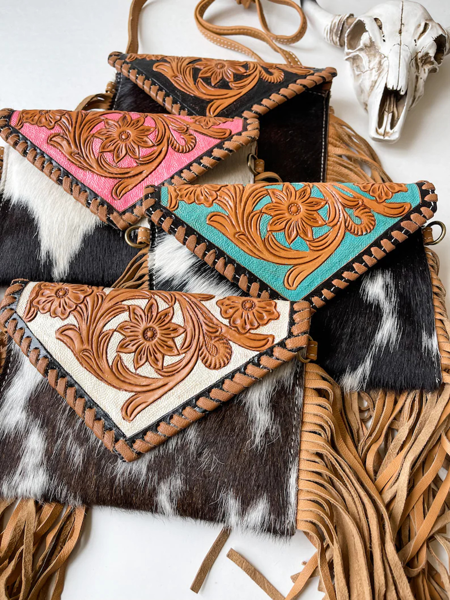 BROWN LEATHER CROSSBODY Western Tooled Leather Cowhide Clutch
