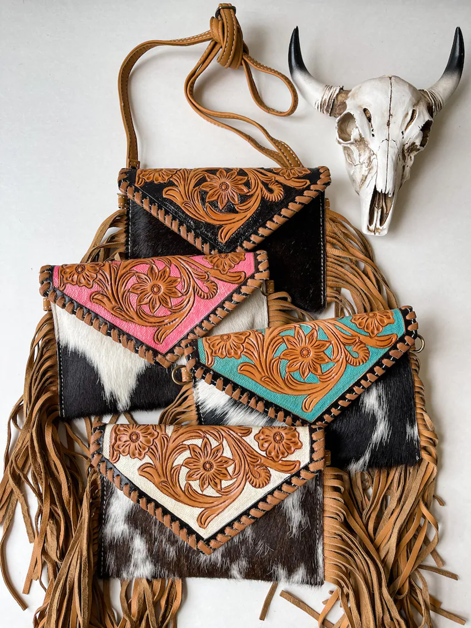 American Darling Cowhide & Leather Tooled Bag with Fringe
