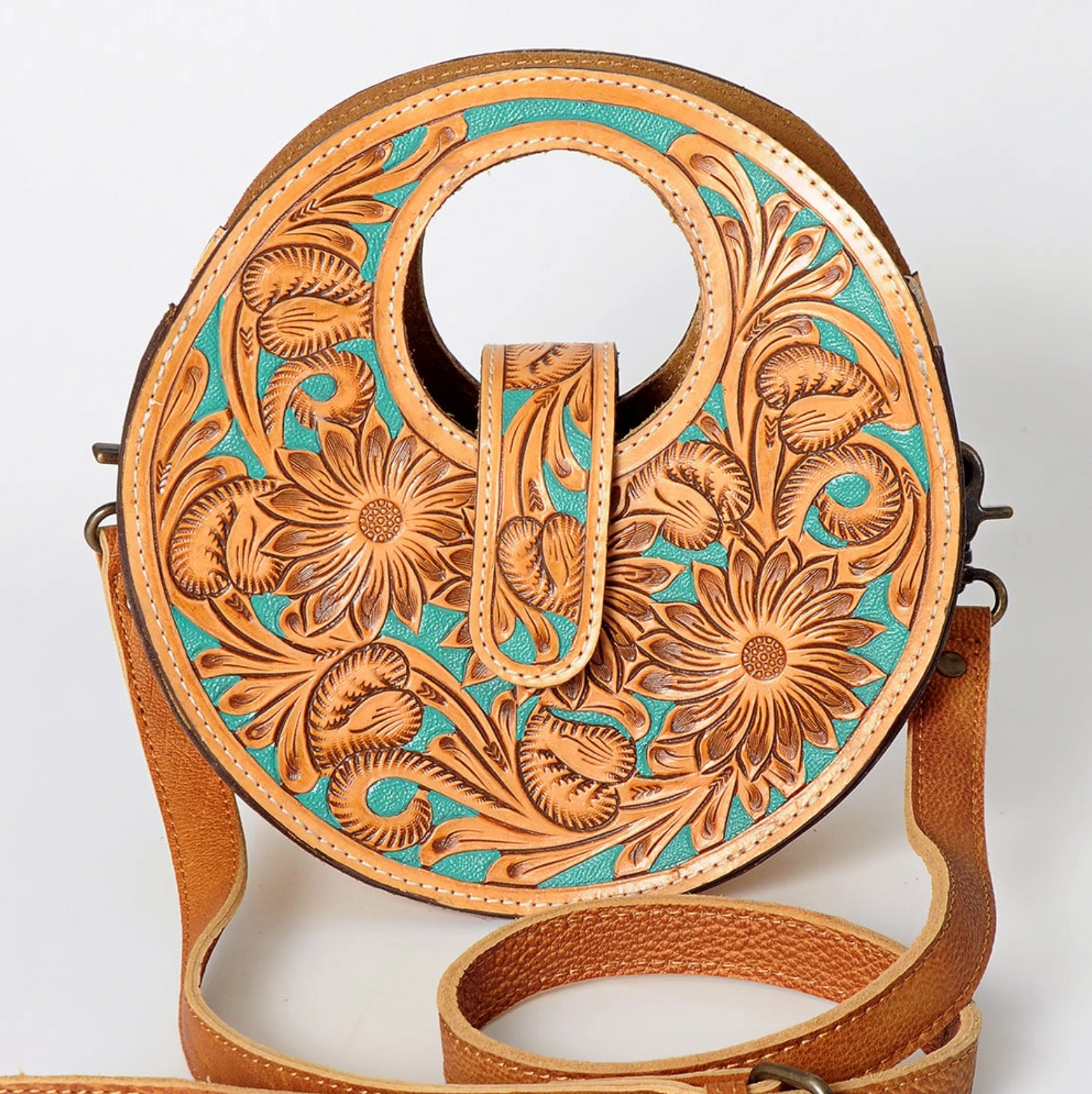 Round WESTERN LEATHER BAG Rodeo Girl Outfit Tooled Leather 