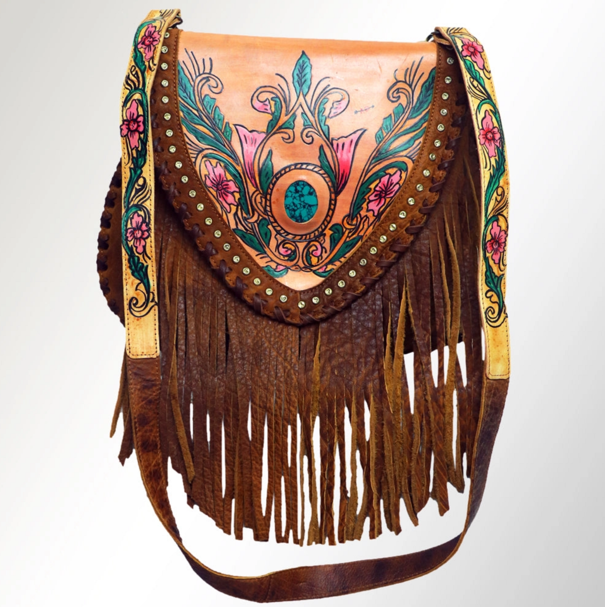 Country Turquoise Floral Tooled Fringe Leather Handbag – Cowgirl