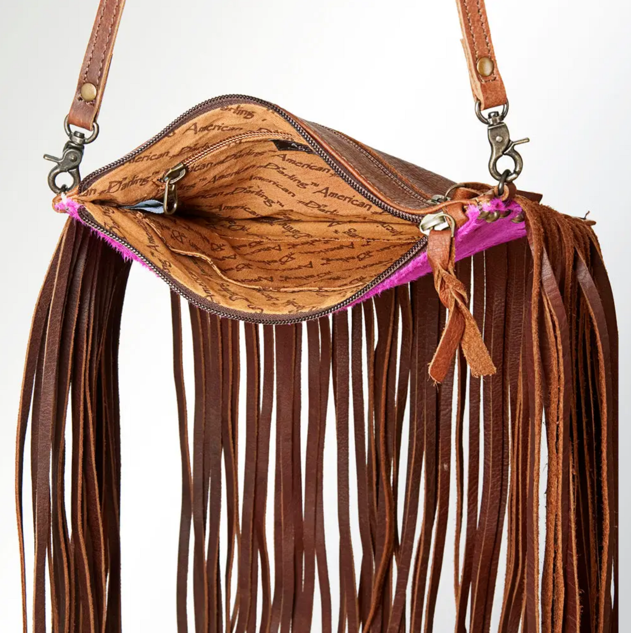 American Darling Brown White Hide and Fringe Purse