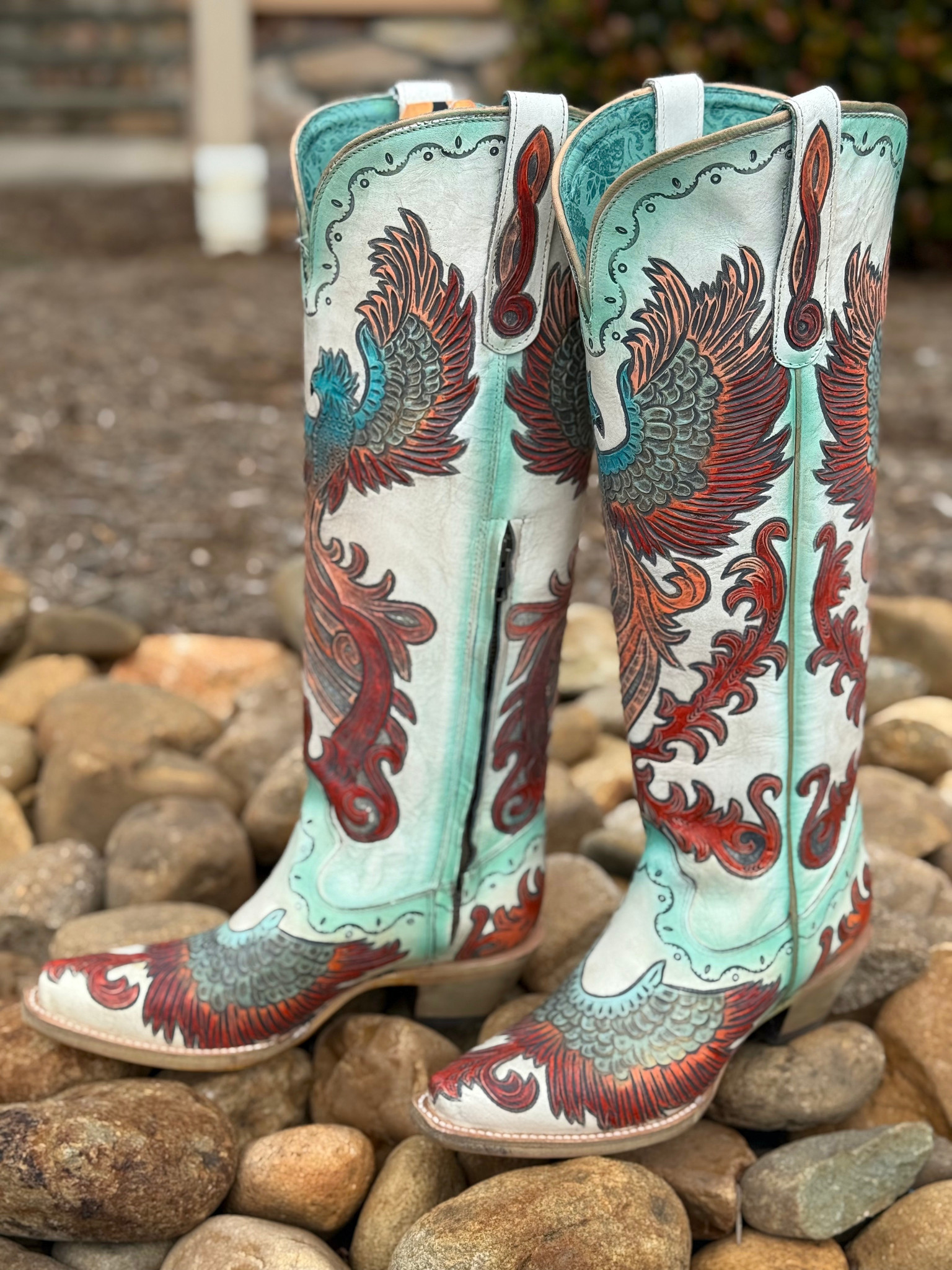 Corral White Hand Tooled Painted Fire Phoenix A4516