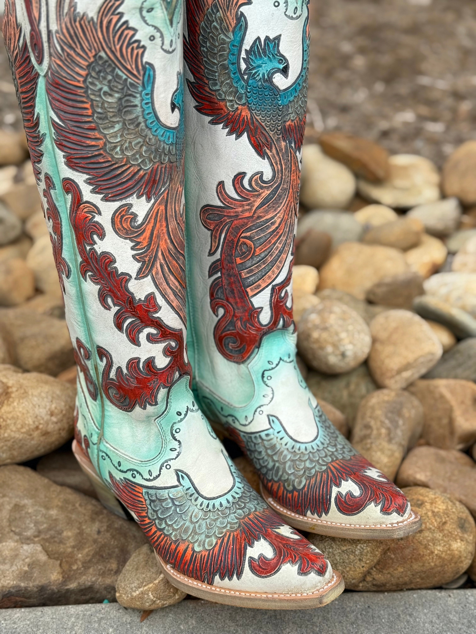 Corral White Hand Tooled Painted Fire Phoenix A4516