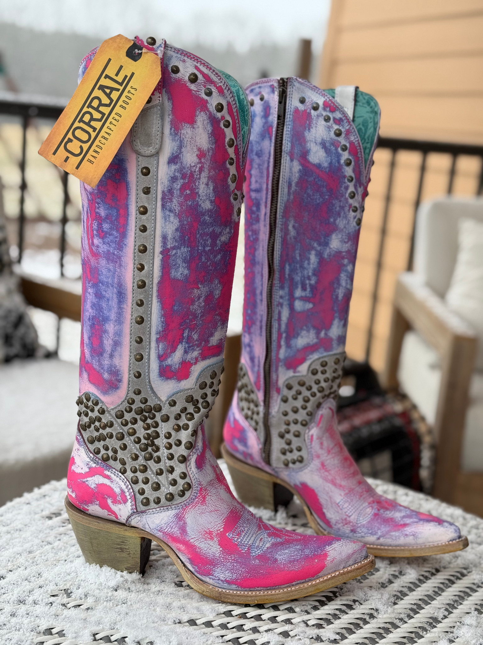 Corral White Pink Tie Dye Studs Tall Top A4632